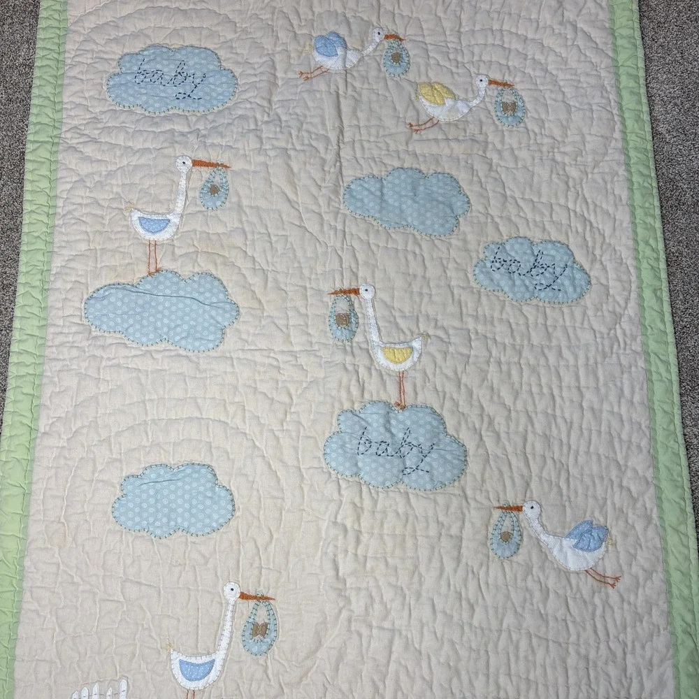 Pottery Barn Kids Stork Quilt Unisex Baby Nursery  Shabby Chic Cottage Whimsical
